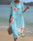 Elegant floral print crew neck dress