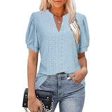 Women V-neck Hollow Out Solid Casual Short Sleeve T-shirt