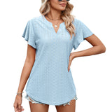 Women's V Neck Flutter Ruffle Hollow Out Solid Short Sleeve T-Shirt