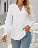 Plain Eyelet Embroidery Pleated Ruffle Long Sleeve Notch V Neck Shirt Top