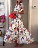 Colorful floral print pleated elegant dress