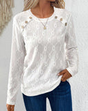 Button Decor Round Neck Hollow Out Embroidery White Long Sleeve Shirt