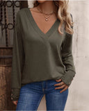 Solid V Neck Drop Shoulder Button Detail Long Sleeve Shirt