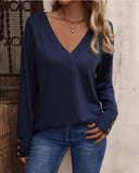 Solid V Neck Drop Shoulder Button Detail Long Sleeve Shirt