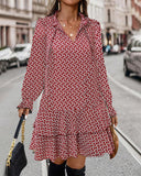 All-Over Print V Neck Dress with Tie Neck, Flare Sleeve and Layered Ruffled Hem