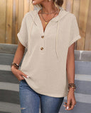 Button Batwing Sleeve Drawstring Hooded Top