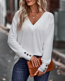 Solid V Neck Drop Shoulder Button Detail Long Sleeve Shirt