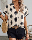 Printed V-neck short-sleeved elegant blouse