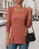 Soild Color Square Neck Button Decor Long Sleeve Split Top