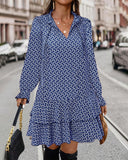 All-Over Print V Neck Dress with Tie Neck, Flare Sleeve and Layered Ruffled Hem