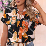 Women's Boho Floral Print V-neck Batwing Short Sleeve Contrast Top