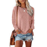 Solid Pocket Long Sleeve Crew Neck Loose T-Shirt