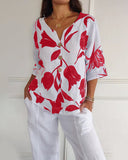 Floral print cotton and linen button-down top