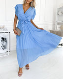 Solid color ruffled sleeves V-neck elegant dress