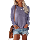 Solid Pocket Long Sleeve Crew Neck Loose T-Shirt