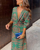 Vintage printed V-neck long-sleeve elegant dress