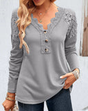 Lace Stitching Button Front V Neck Long Sleeve Top Shirt