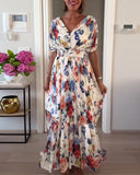 Colorful floral print pleated elegant dress