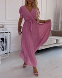 Solid color ruffled sleeves V-neck elegant dress