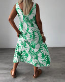 Leaf print casual sleeveless dress