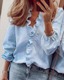 Plain Elegant V Neck Ruffle Trim  Long Sleeve Blouse