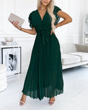 Solid color ruffled sleeves V-neck elegant dress