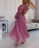 Solid color ruffled sleeves V-neck elegant dress