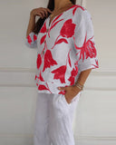 Floral print cotton and linen button-down top