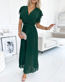 Solid color ruffled sleeves V-neck elegant dress