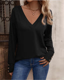 Solid V Neck Drop Shoulder Button Detail Long Sleeve Shirt