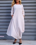 Simple Solid Color Crew Neck Pocket Long Sleeve Dress