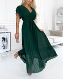 Solid color ruffled sleeves V-neck elegant dress