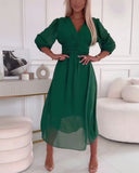 V-Neck Solid Color Waist Dress