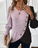 Contrast Round Neck Button Decor shirt