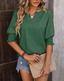 Notched Neck Lantern Sleeve Plain T-Shirt