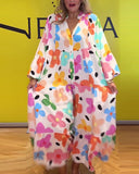 Colorful floral print bell sleeve casual dress