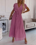 Solid color ruffled sleeves V-neck elegant dress