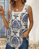 Retro printed square neck sleeveless top