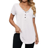 Women's Button Pleated Round Neck Short Sleeve Curved Hem Plain Henley Shirt Tunic Top