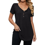 Women's Button Pleated Round Neck Short Sleeve Curved Hem Plain Henley Shirt Tunic Top