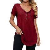 Women's Button Pleated Round Neck Short Sleeve Curved Hem Plain Henley Shirt Tunic Top