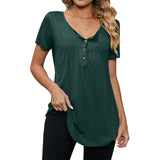 Women's Button Pleated Round Neck Short Sleeve Curved Hem Plain Henley Shirt Tunic Top