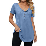 Women's Button Pleated Round Neck Short Sleeve Curved Hem Plain Henley Shirt Tunic Top