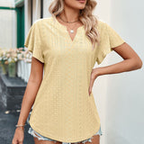 Women's V Neck Flutter Ruffle Hollow Out Solid Short Sleeve T-Shirt