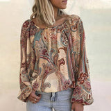 Bohemian Paisley Print Crew Neck Long Sleeve Blouse