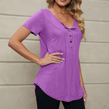 Women's Button Pleated Round Neck Short Sleeve Curved Hem Plain Henley Shirt Tunic Top