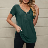 Women's Button Pleated Round Neck Short Sleeve Curved Hem Plain Henley Shirt Tunic Top