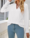 Plain Eyelet Embroidery Pleated Ruffle Long Sleeve Notch V Neck Shirt Top