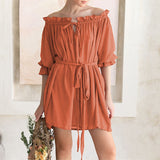 Women Off Shoulder Solid Ruffle Mini Belted Dress