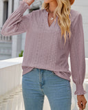 Plain Eyelet Embroidery Pleated Ruffle Long Sleeve Notch V Neck Shirt Top